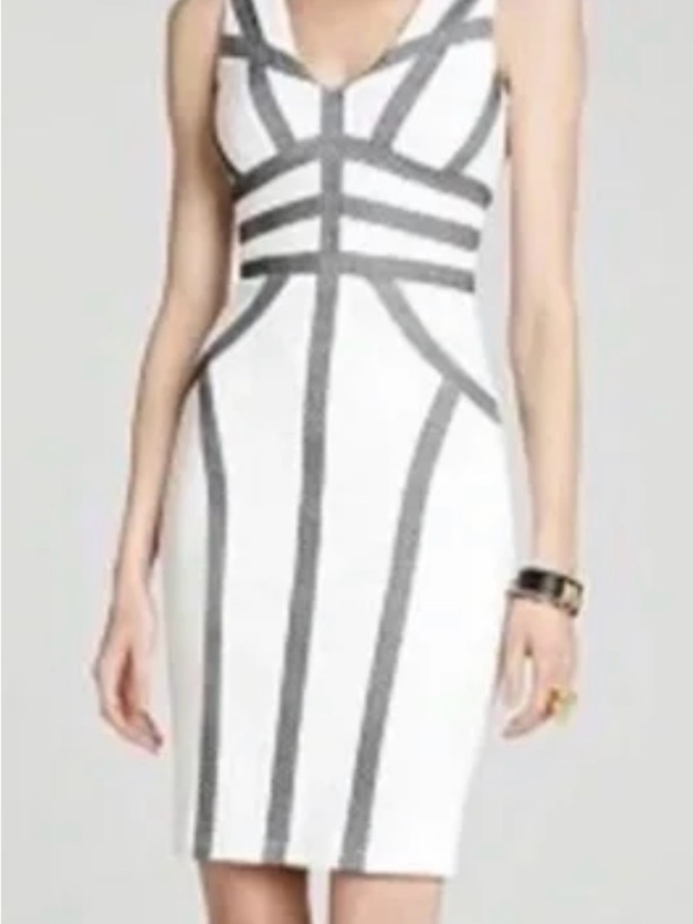 BCBGMaxAzria White Midi Dress with Gray Contrast Banding - Hanne Sheath Dress